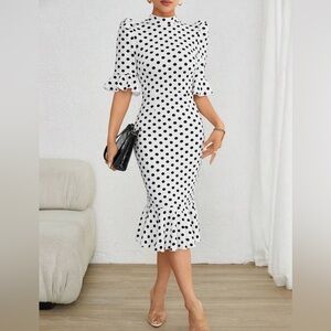 Polka Dot Print Flare Sleeve Mermaid Hem Dress